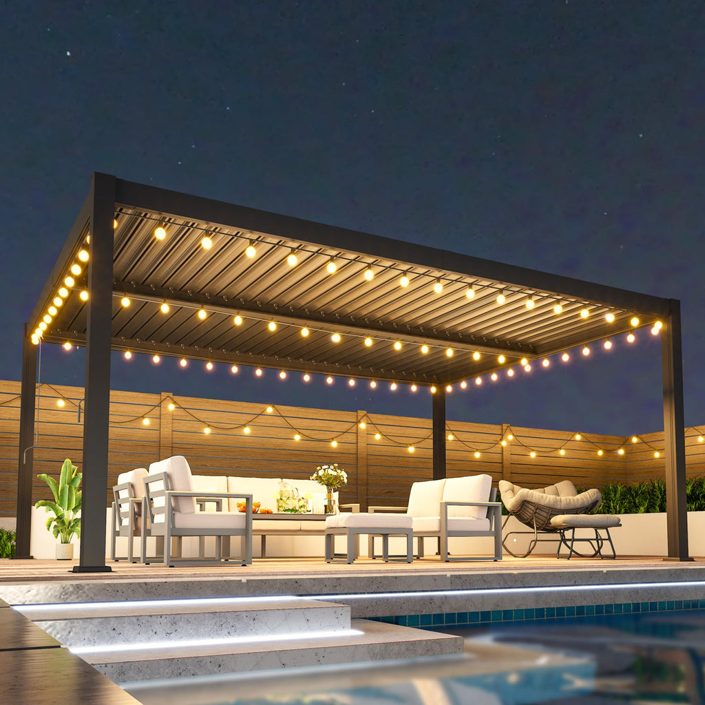 12' x 16' Louvered Pergola, Metal Outdoor Pergola with Adjustable Louvered Roof & Gutter System, Hardtop Patio Gazebo for Backyard, Deck, Garden, Dark Gray