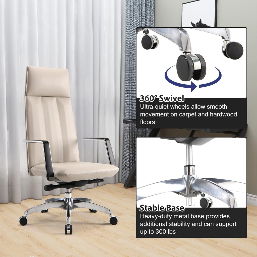 Ergonomic High Back Office Chair, Big and Tall Office Desk Chairs with Adjustable Height and Tilt Angle, Mid Century Modern Computer Desk Chair, Leather Executive Chair for Home Office(Khaki)