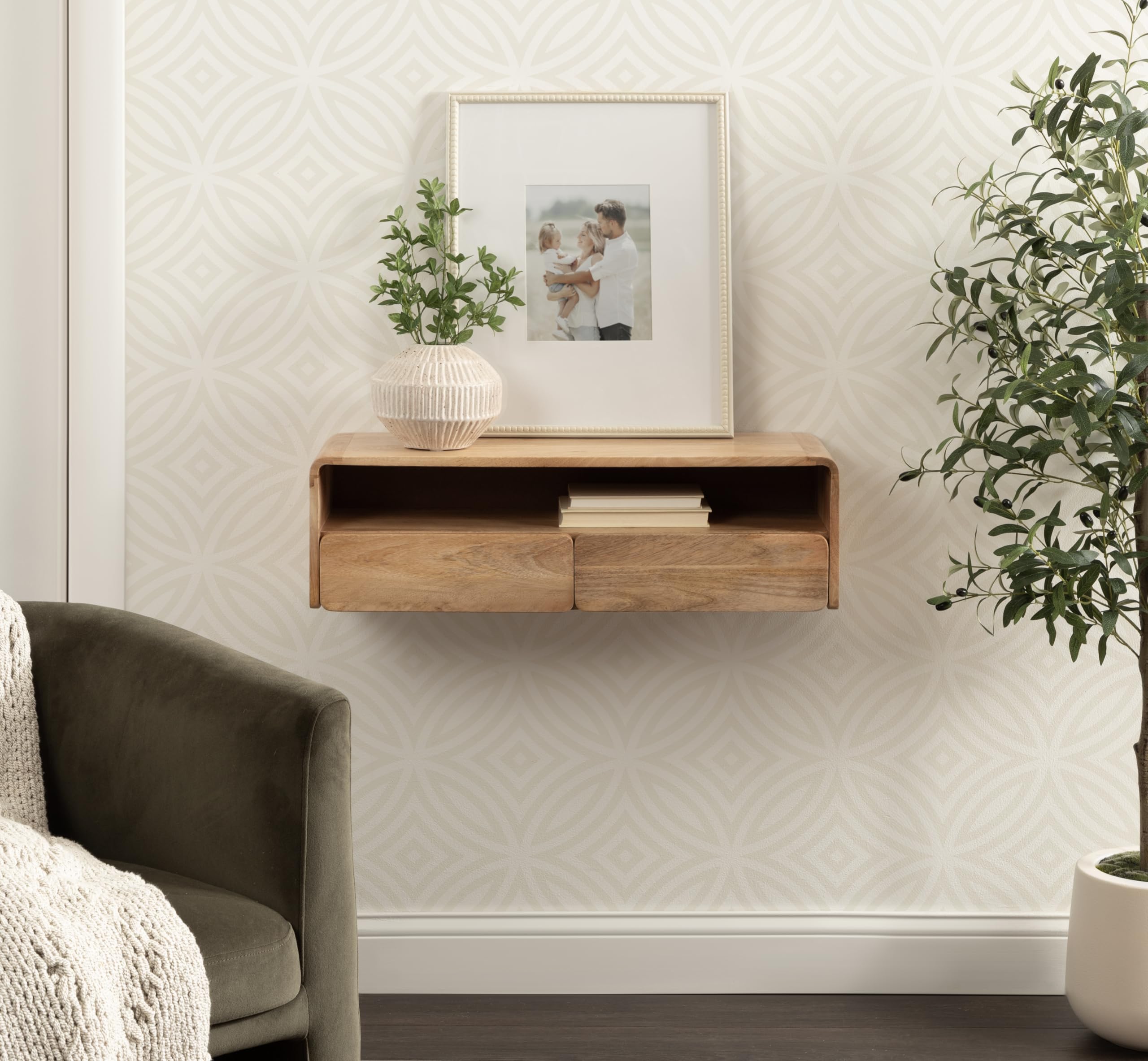 Kate and Laurel Kato Modern Floating Console Table for Entryway, 30 x 10 x 9, Natural Wood, Decorative Transitional Floating Entryway Table with Storage Drawers for Living Room Storage Wall Shelf