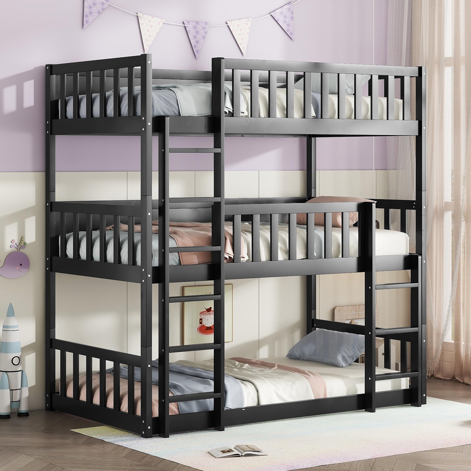 Solid Wood Triple Bunk Bed for 3 Kids, 3 Bed Bunk Beds with Two Built-in Ladders,Twin Over Twin Over Twin Triple Bunk Bed,Detachable Triple Bunk Beds Twin Size,Black