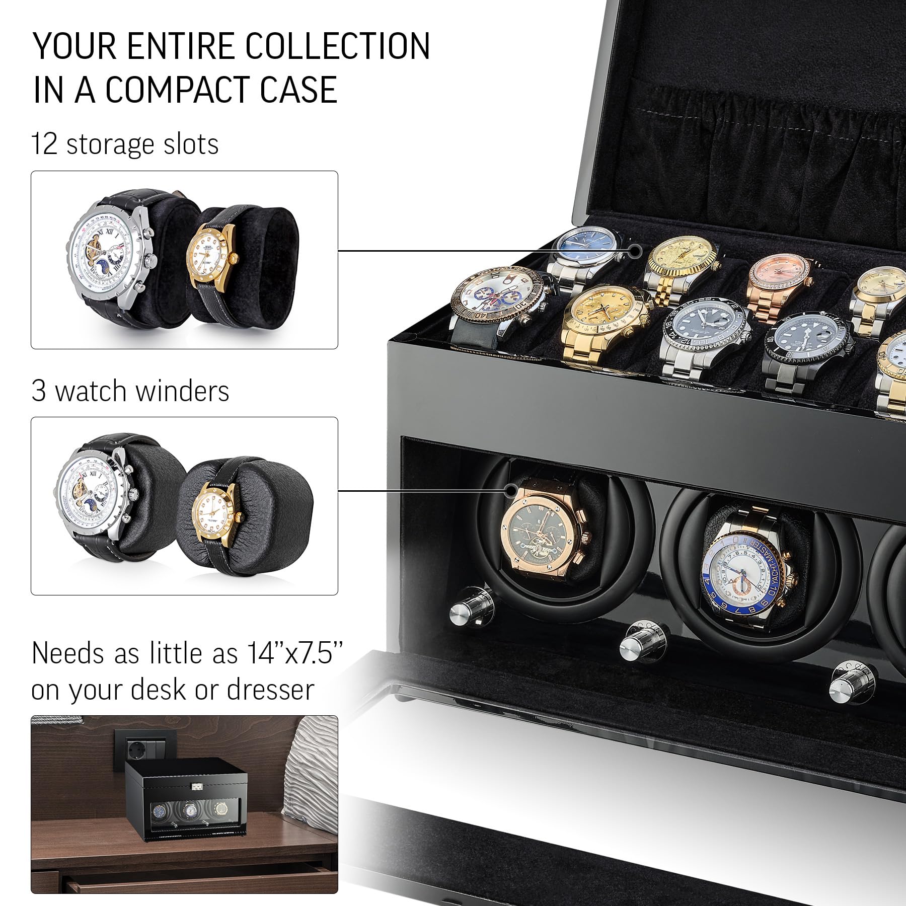 Watch Winder and Storage Box for Winding 3 Automatic Watches and 12 Watch Storage Space (Black+ Black)