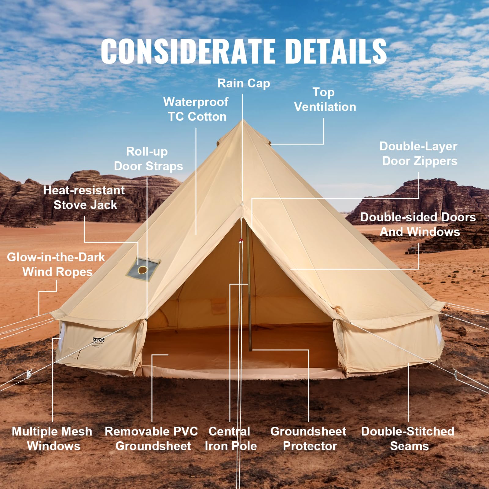 VEVOR Canvas Tent Bell Tent, 4 Seasons 4 m/13.12 ft, for Camping with Stove Jack, Family Camping Outdoor Hunting Party