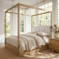 WAMPAT Wood Canopy Bed Frame Queen Size, Solid Wood Poster Bed with 12 Slats and Support Legs, 800 lbs Capacity, No Box Spring Needed, Modern Oak Wooden Bed with Upholstered Headboard for Bedroom