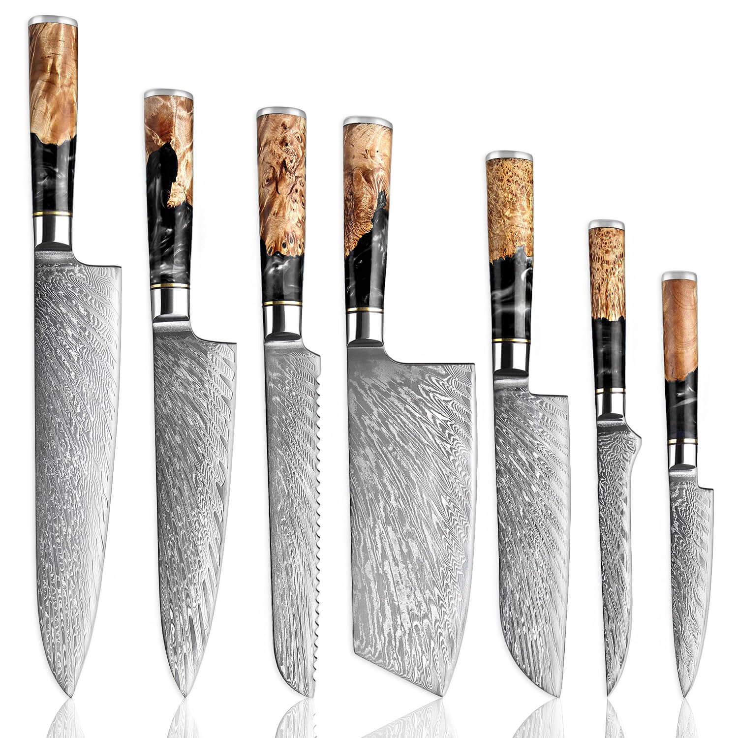 SENKEN 7-Piece Damascus Kitchen Knife Set - Tsunami Collection - 67-Layer Japanese VG10 Steel - Chef's Knife, Cleaver, Santoku, Bread, Boning, & More (Black Resin Blend)