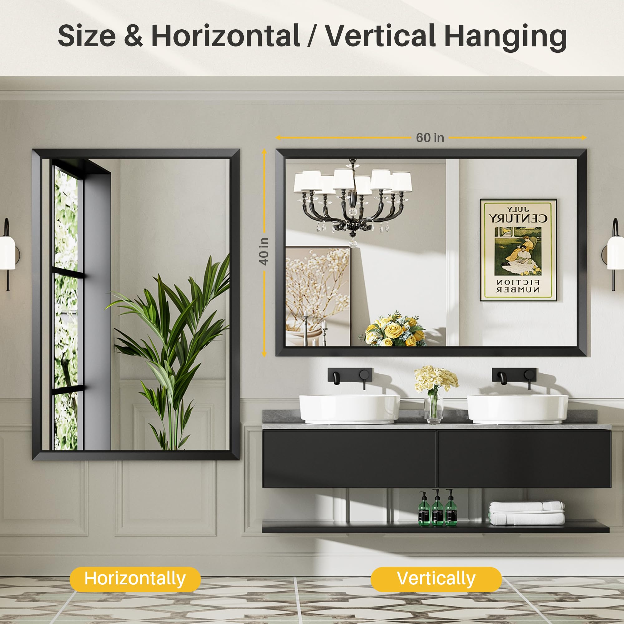 Briivue 60x40 Inch Black Bathroom Mirror for Wall, Thick Metal Framed Rectangle Mirrors for Over Sink, Bedroom, Living Room, Entryway, Anti-Rust, HD Tempered Glass