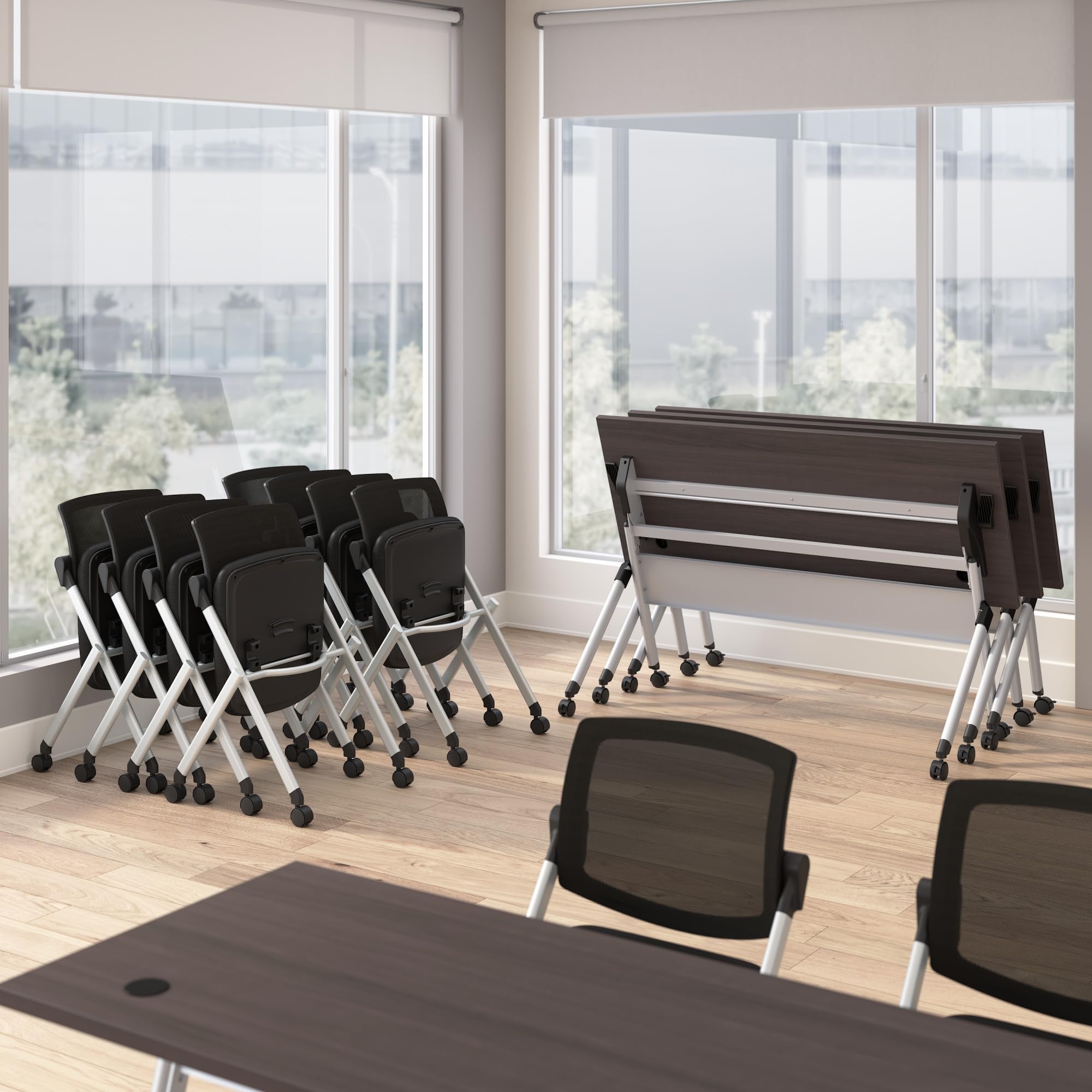 Bush Business Furniture Folding Training Table Set for 2, 60 inch, 2 Mesh Back Folding Chairs, Commercial-Grade Bundle for Office or Classroom, Envision Collection, Gray
