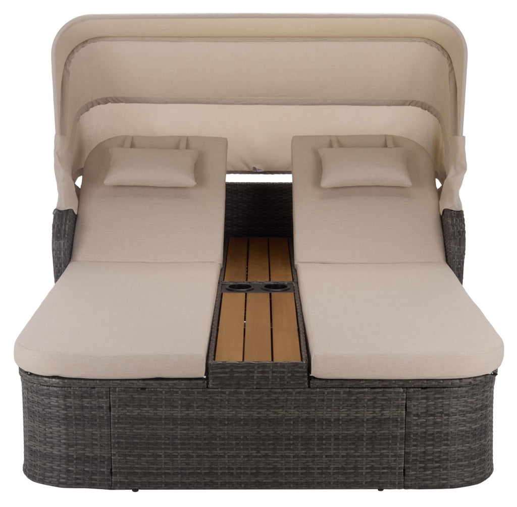 SAFAVIEH Outdoor - Victoria Grey Brown & Taupe Double Daybed, Rattan Canopy Lounger with Reversible Cushions, Cup Holders, Patio Furniture for Deck, Backyard, Poolside (PAT7759A)