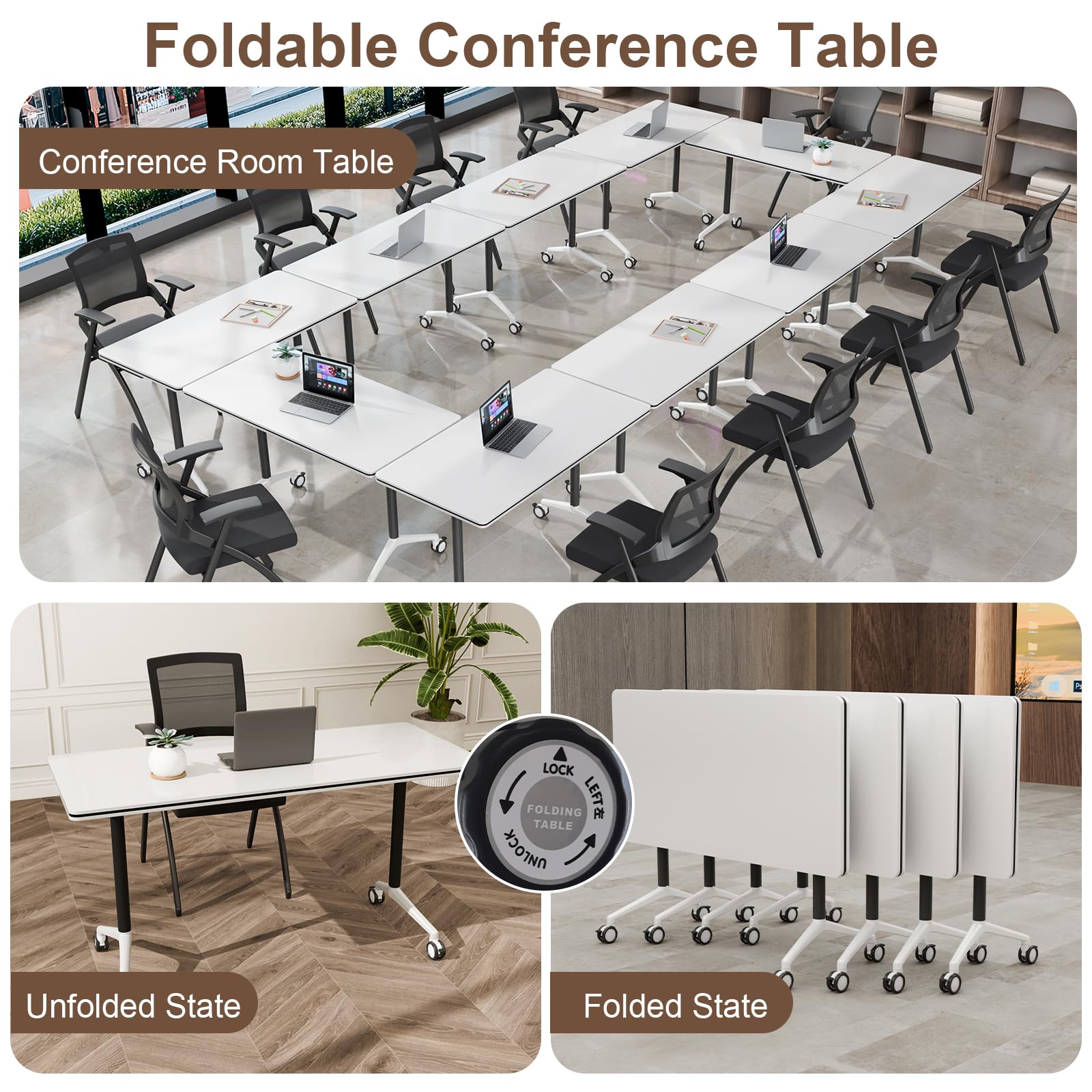 robwibw Folding Conference Room Table Modular Large Mobile Training Meeting Table Rolling Conference Tables with Wheels Seminar Tables for Office Training Classroom(6, Matte White, 63 INCH)