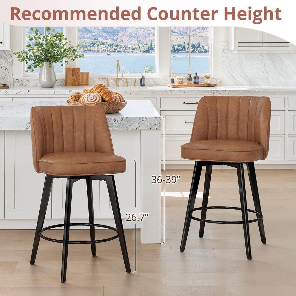 LUE BONA 360° Swivel Leather Bar Stools Set of 3, 26" Counter Height Barstools with Backs and Metal Legs, Modern Upholstered Bar Chairs for Kitchen Island, Brown