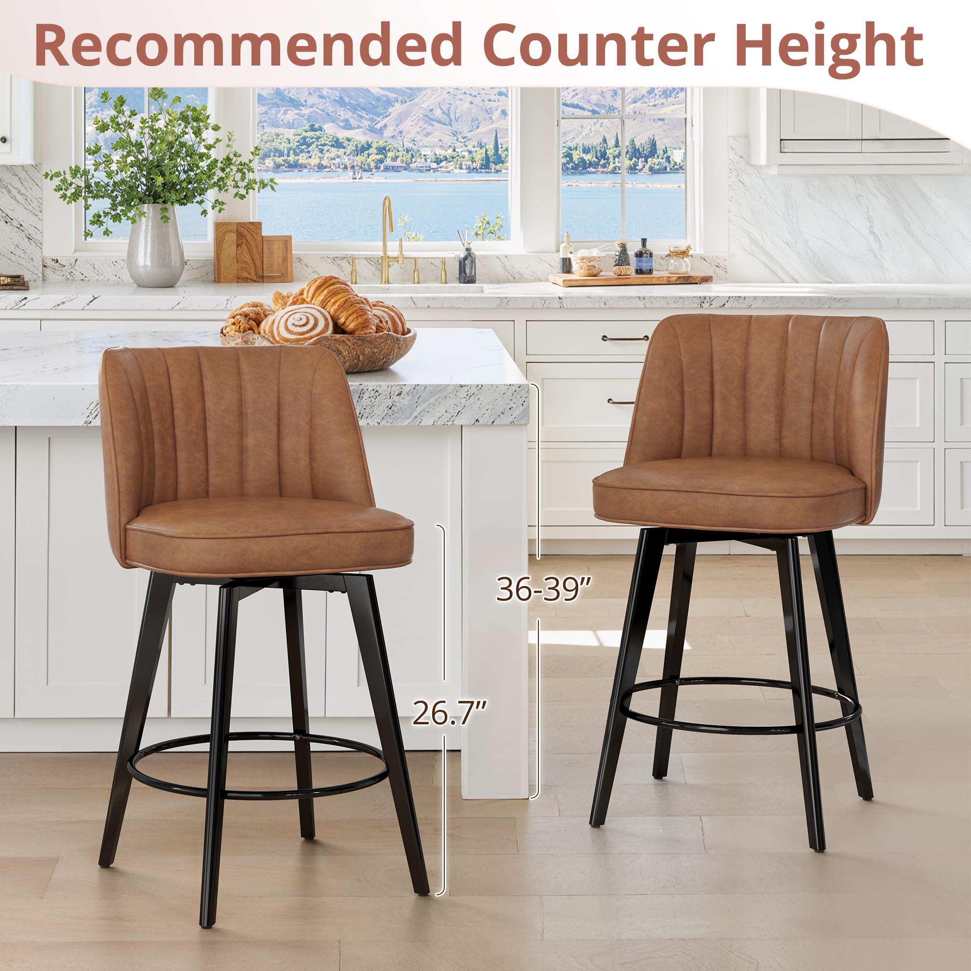 LUE BONA 360° Swivel Leather Bar Stools Set of 3, 26" Counter Height Barstools with Backs and Metal Legs, Modern Upholstered Bar Chairs for Kitchen Island, Brown