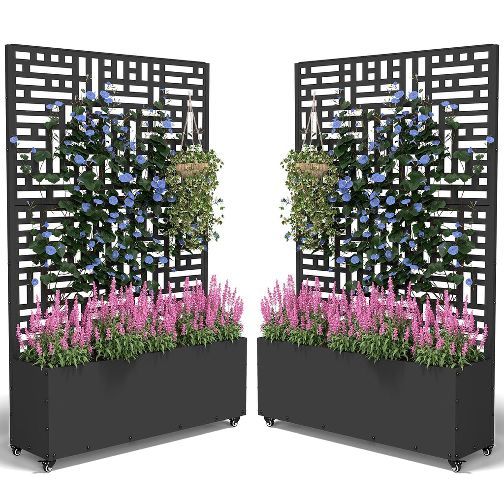 FOLAWO Metal Planter Box with Trellis,70.9"x47.2"x15.7" Raised Garden Bed with Drainage Holes, Privacy Planters for Outdoor Garden Bed for Climbing Plants,Vegetables,and Vines,2PCS,Black-Modular