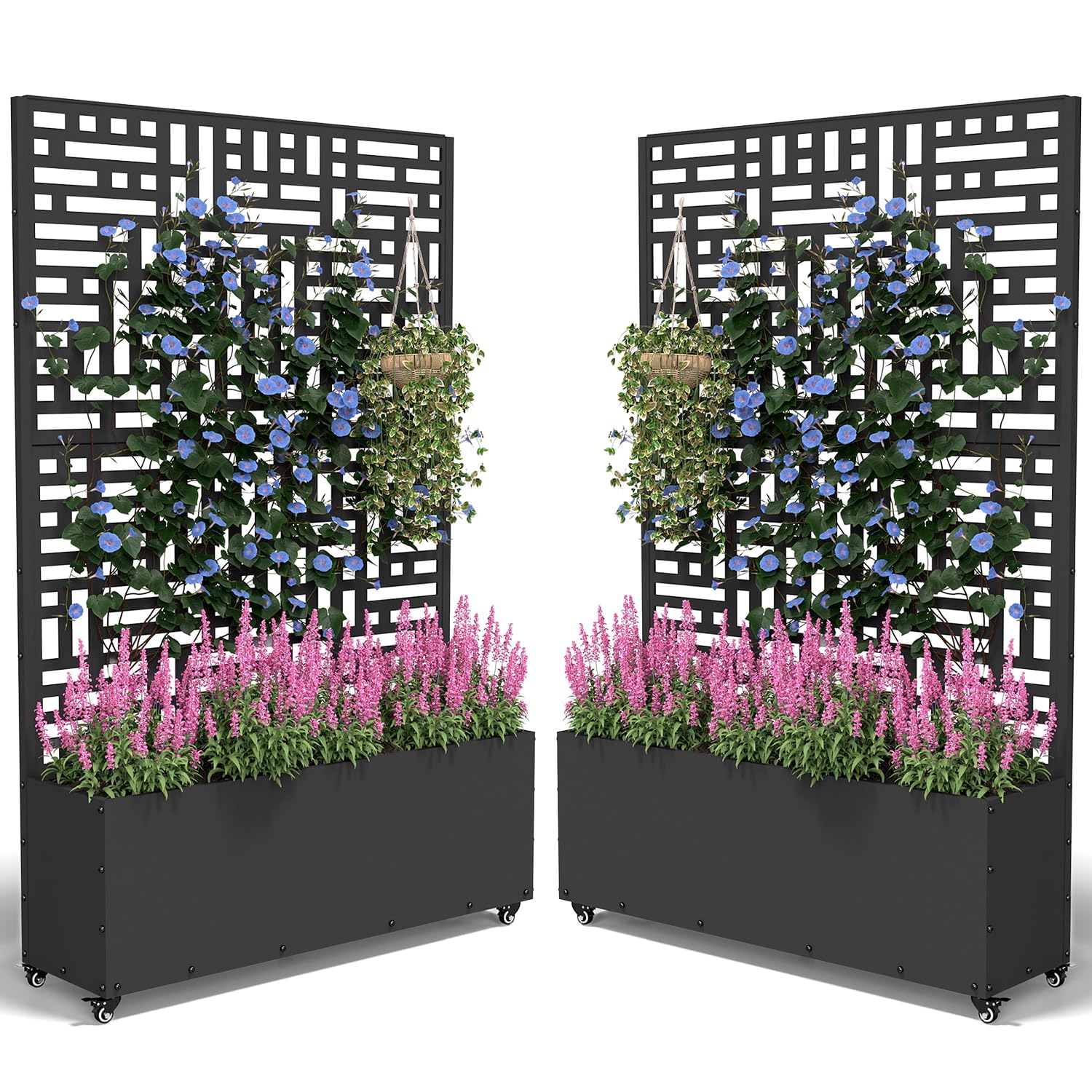 FOLAWO Metal Planter Box with Trellis,70.9"x47.2"x15.7" Raised Garden Bed with Drainage Holes, Privacy Planters for Outdoor Garden Bed for Climbing Plants,Vegetables,and Vines,2PCS,Black-Modular