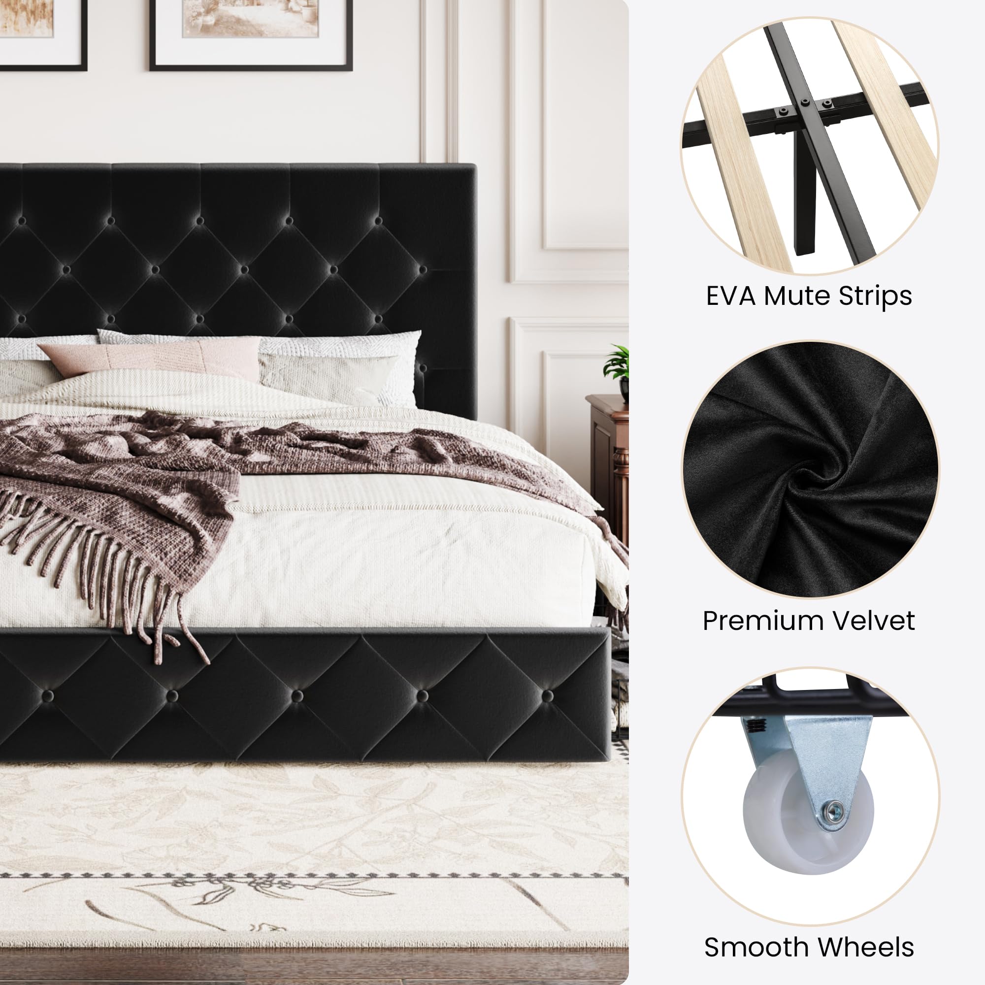 SHA CERLIN King Size Platform Bed Frame with 4 Oversized Storage Drawers, Adjustable Headboard with Velvet Upholstery, Diamond Button Tufted Design, Wooden Slat Support, No Box Spring Needed, Black