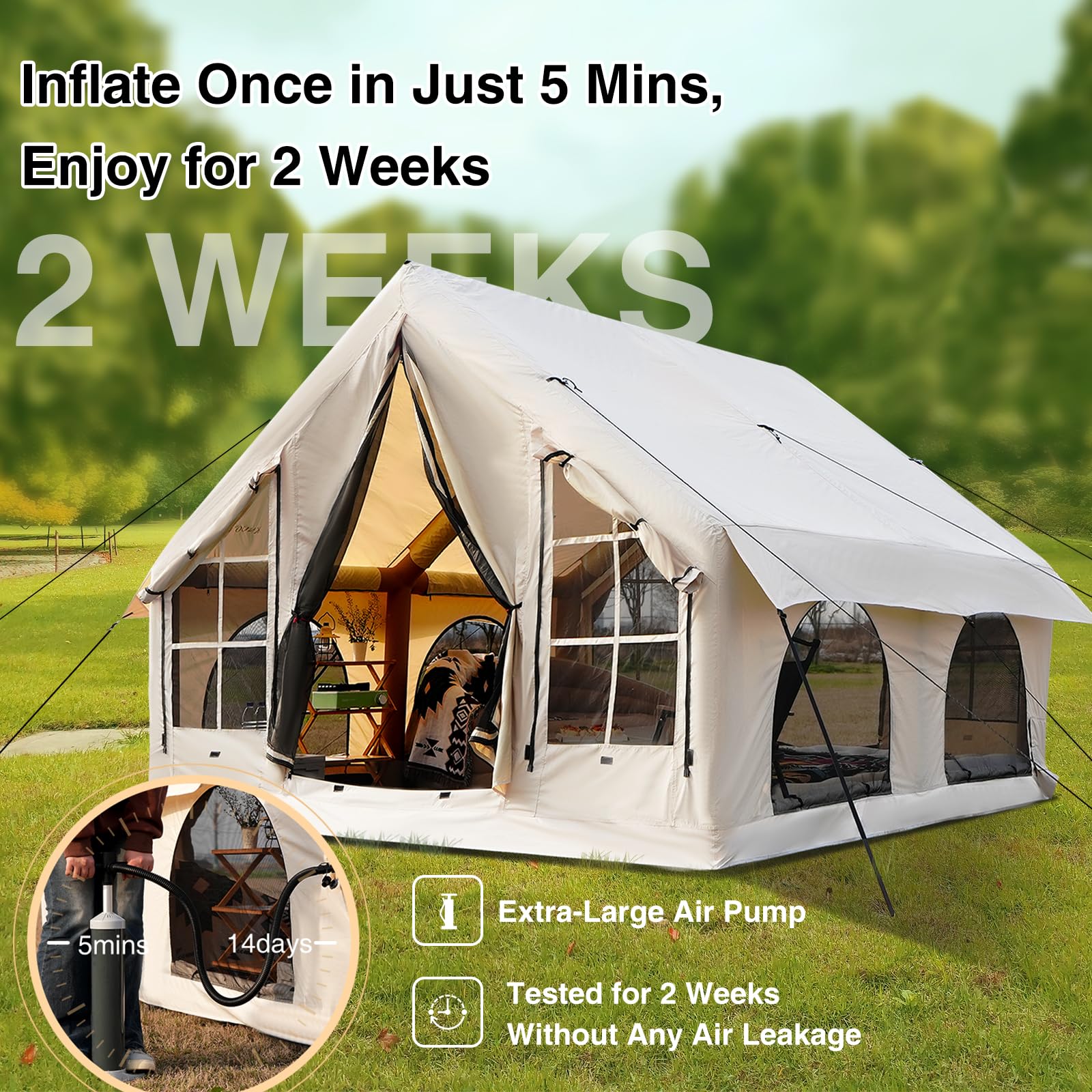 KNUO 2026 Upgraded Waterproof Inflatable Camping Tent for 5-8 People, Large Blow-Up Air Tent, No Assembly Needed Luxury Glamping House, 10x10ft Oxford Fabric, Beige