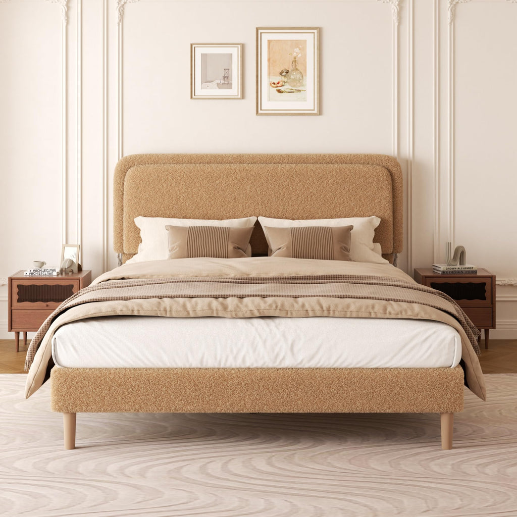 viplov Queen Size Boucle Upholstered Platform Bed Frame with Adjustable Headboard, Soft Cloud Bed, No Box Spring Needed, Noise Free, Easy Assembly, Brown