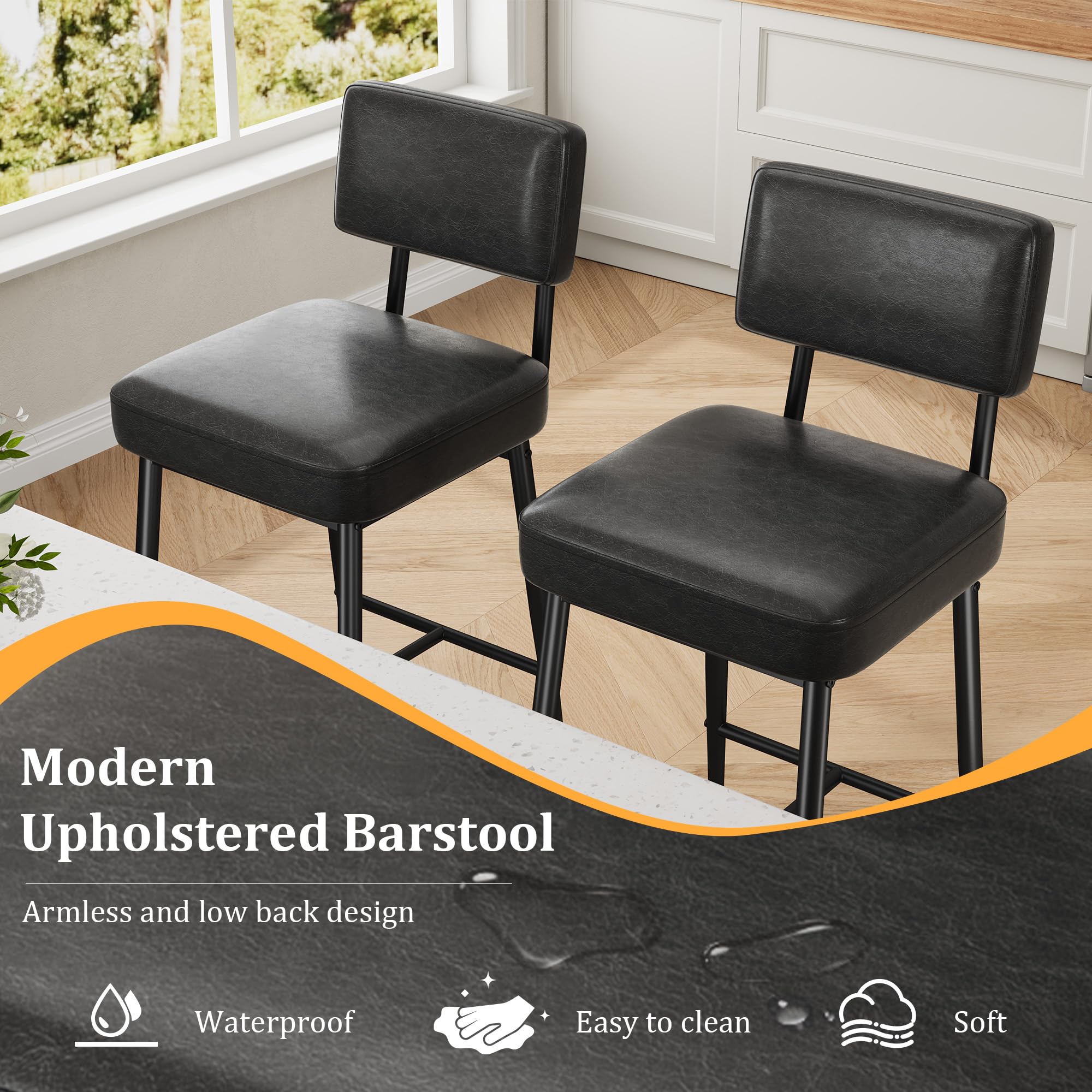 GarveeHome Bar Stools Set of 4, 26" Black Faux Leather Counter Height Bar Stools with Backs, Modern Upholstered Barstool Chairs with Metal Legs for Kitchen Island, Home Bar, Dining Room