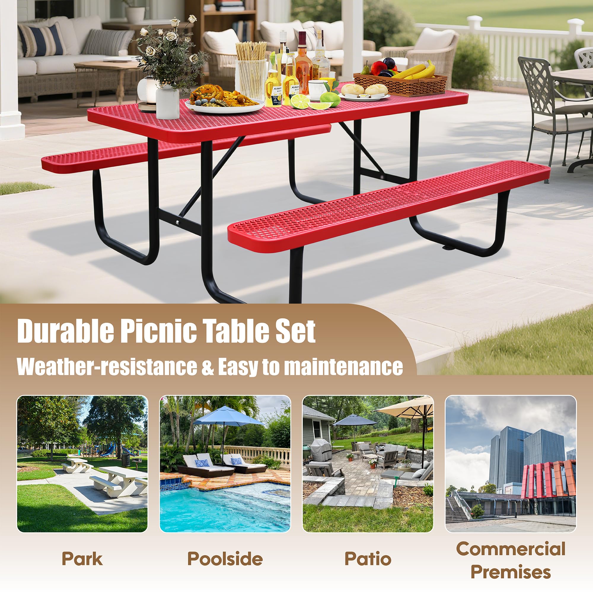 6FT Metal Picnic Tables for Outdoors, Commercial Rectangular Picnic Table and Bench Set for Outside, Patio, Garden, Backyard, Porch, Surface Mount, Red