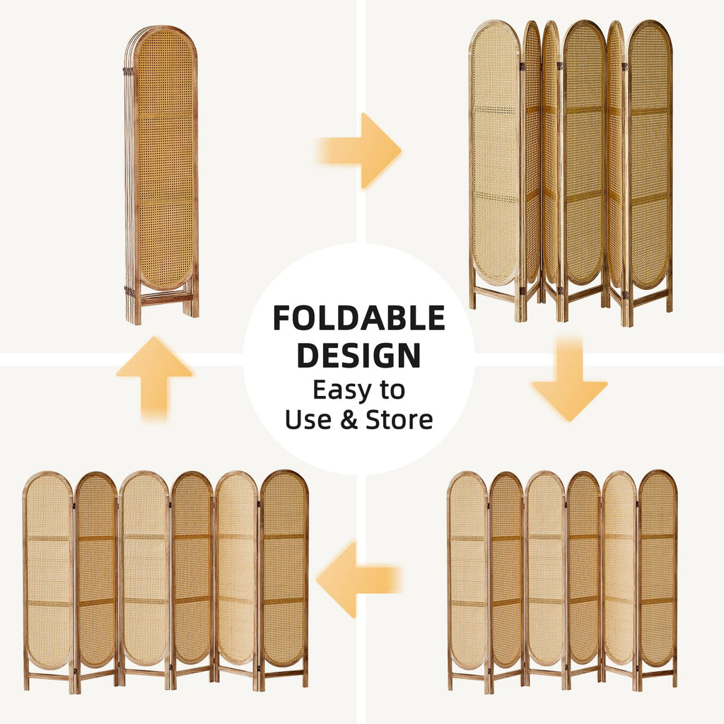 Asnefeli 6 Panels Room Divider, Foldable Wooden Room Divider, Individual Privacy Screen Made of Hand-Woven Rattan, Portable Wall Divider for Home Office Bedroom Bathroom Dressing Room (Natural)