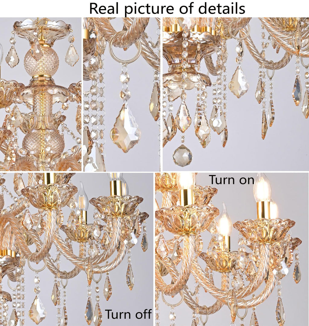 Vimatto Luxury K9 Crystal Amber Color Modern Classic 15 Lights Ceiling Chandelier with Adjustable Height E12 Candelabra Base Fixture for Dining Room Kitchen Living Room