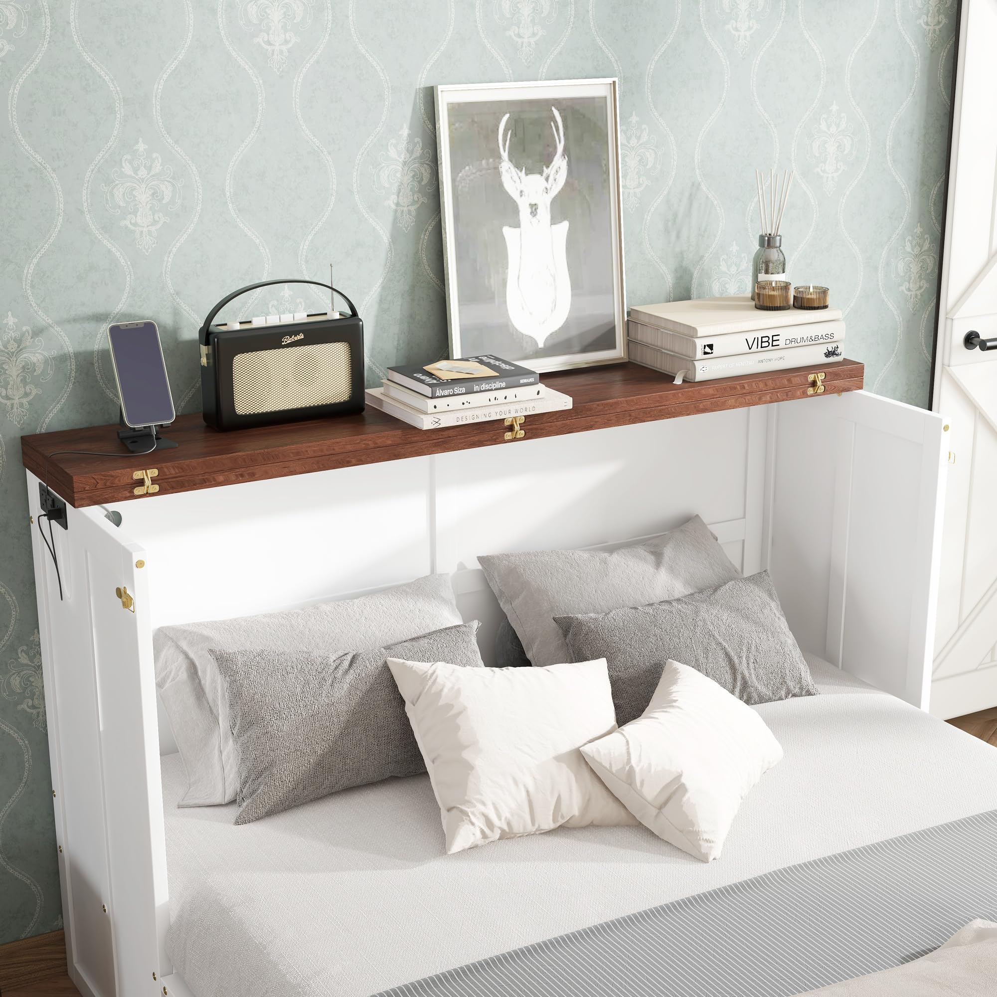 Bellemave Full Murphy Bed with Storage Drawer and Charging Station, Cabinet Bed, Farmhouse Murphy Cabinet with Foldable Panel, Noisy Free, for Guest Bedroom, Living Room, White+Walnut Panel