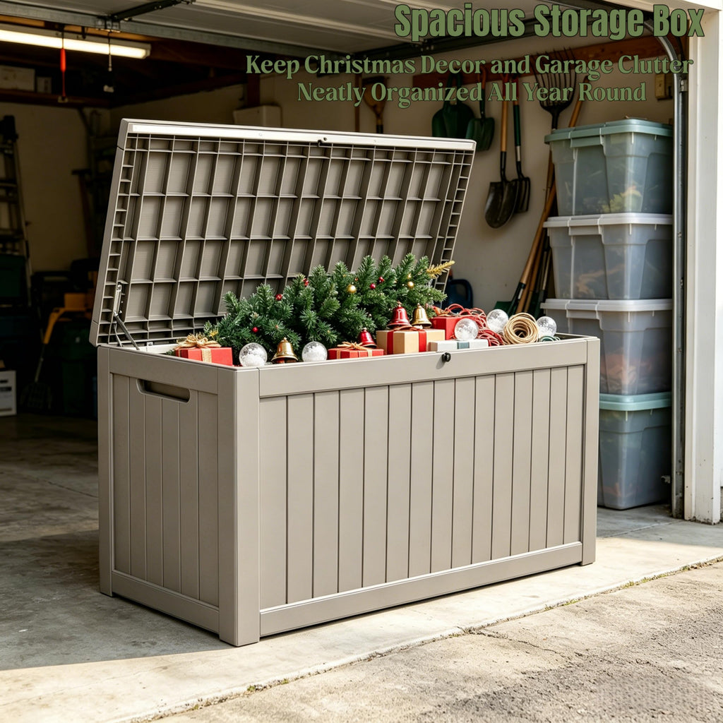 271 Gallon Large Resin Outdoor Storage Box, Waterproof Deck Box, Lockable Deck Container with Reinforced Support, Outdoor Chest for Patio Accessories, Outdoor Cushions, Garden Tools, Taupe Gray
