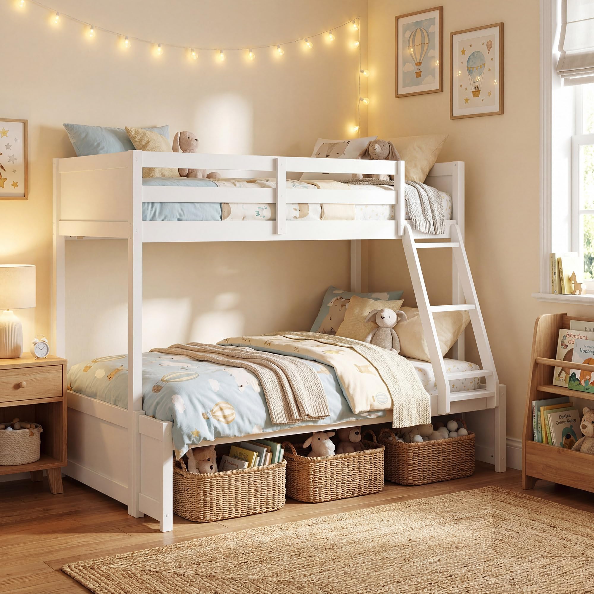 KOMFOTT Twin Over Full Bunk Bed, Pine Bed Frame with 3-Step Ladder, Full-Length Guardrails & 21 Wooden Support Slats, Solid Wood Bunk Bed for Teens, Kids, Adults, Dorms and Apartments (White)