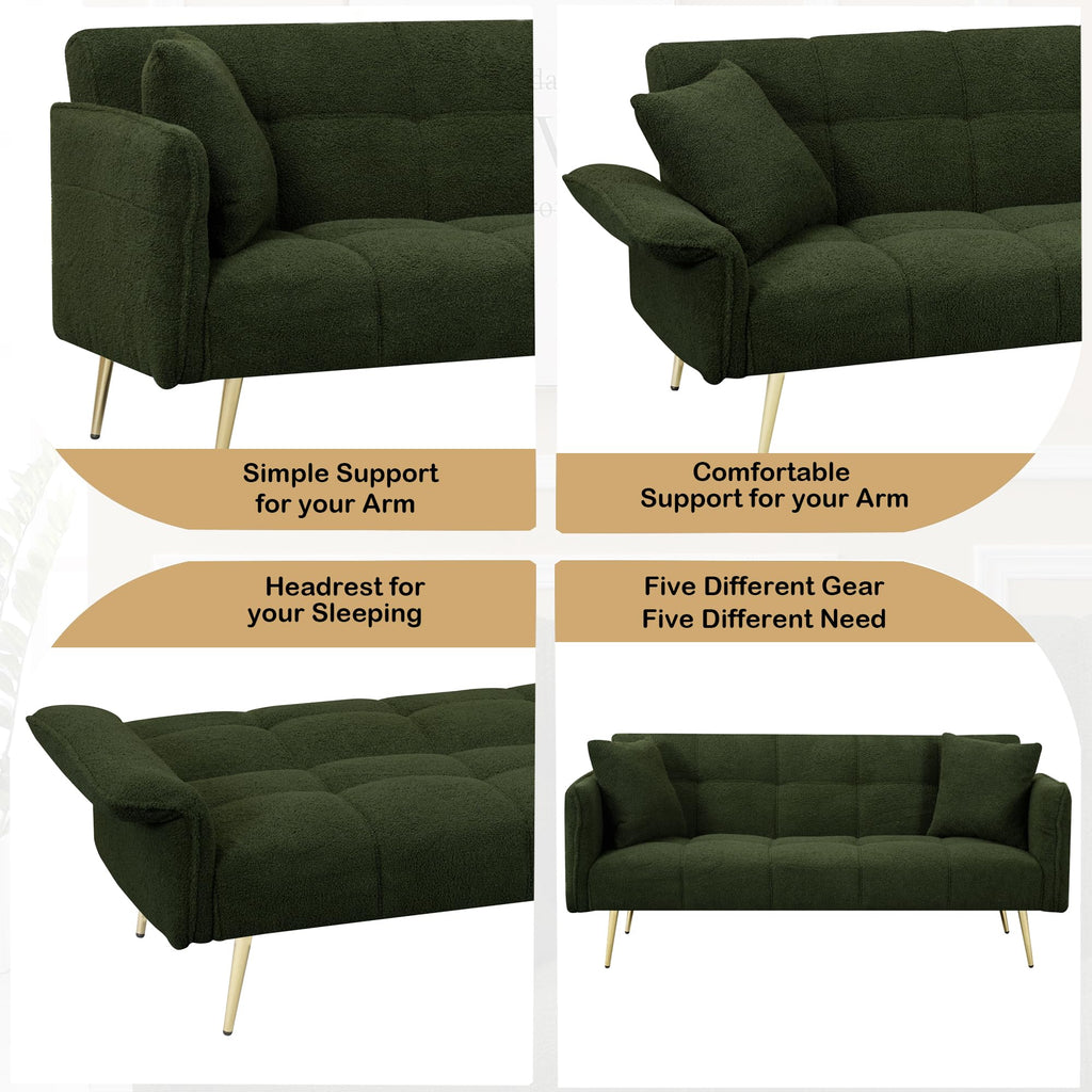 KEIKI Upholstered Loveseat Sofa, 70" Convertible Futon Sofa Bed with Adjustable Arms and Backrest, Removable Pillow Cover, Comfy Cushion, Teddy Fleece Love Seat Couches for Bedroom, Apartment, Green