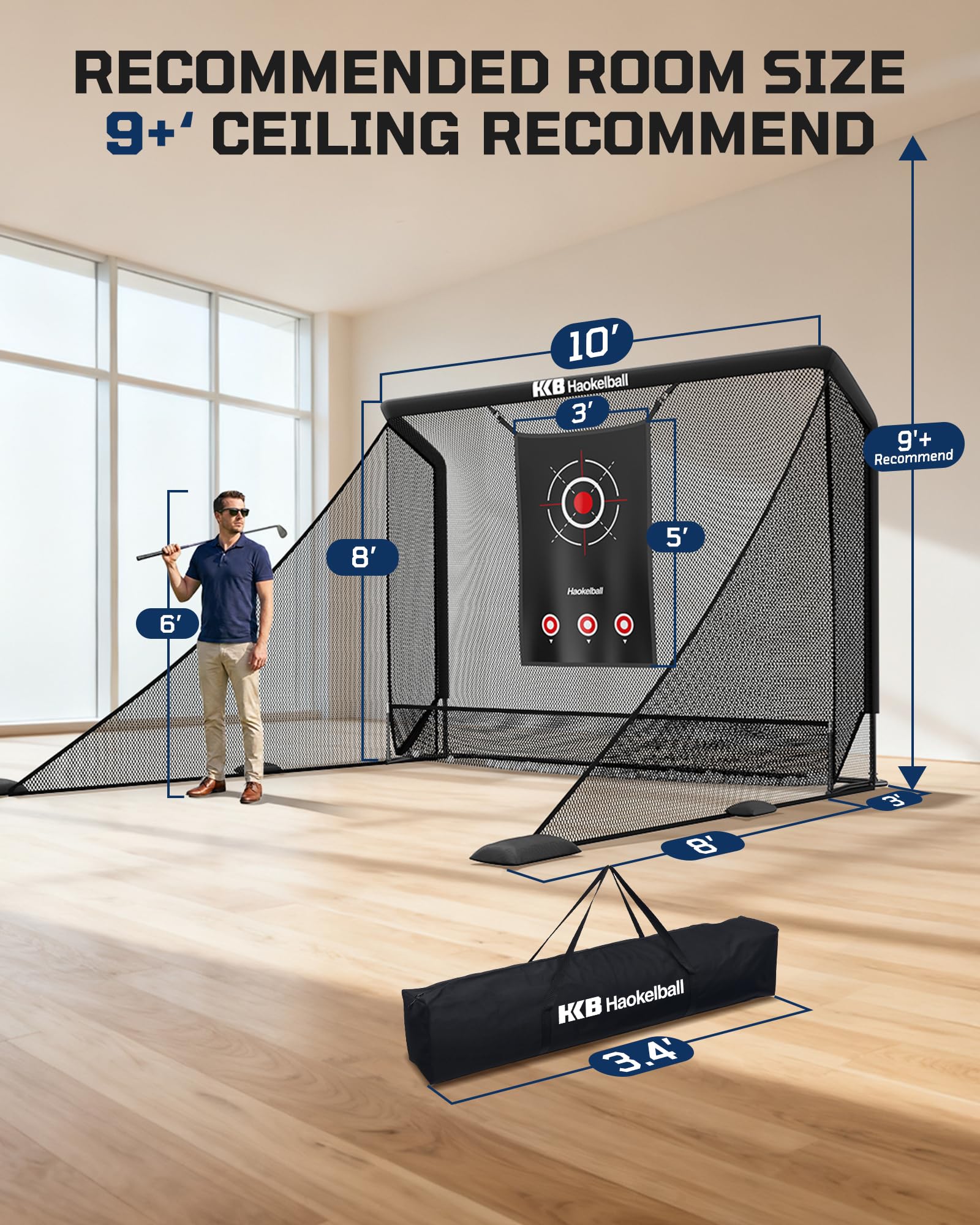 Haokelball Golf Hitting Net for Driving Real Balls, Indoor Chipping Practice Swing Training Nets with Side Barriers Impact Target, 10x8ft Heavy Duty Netting with Carry Bag for Backyard Outdoor Use