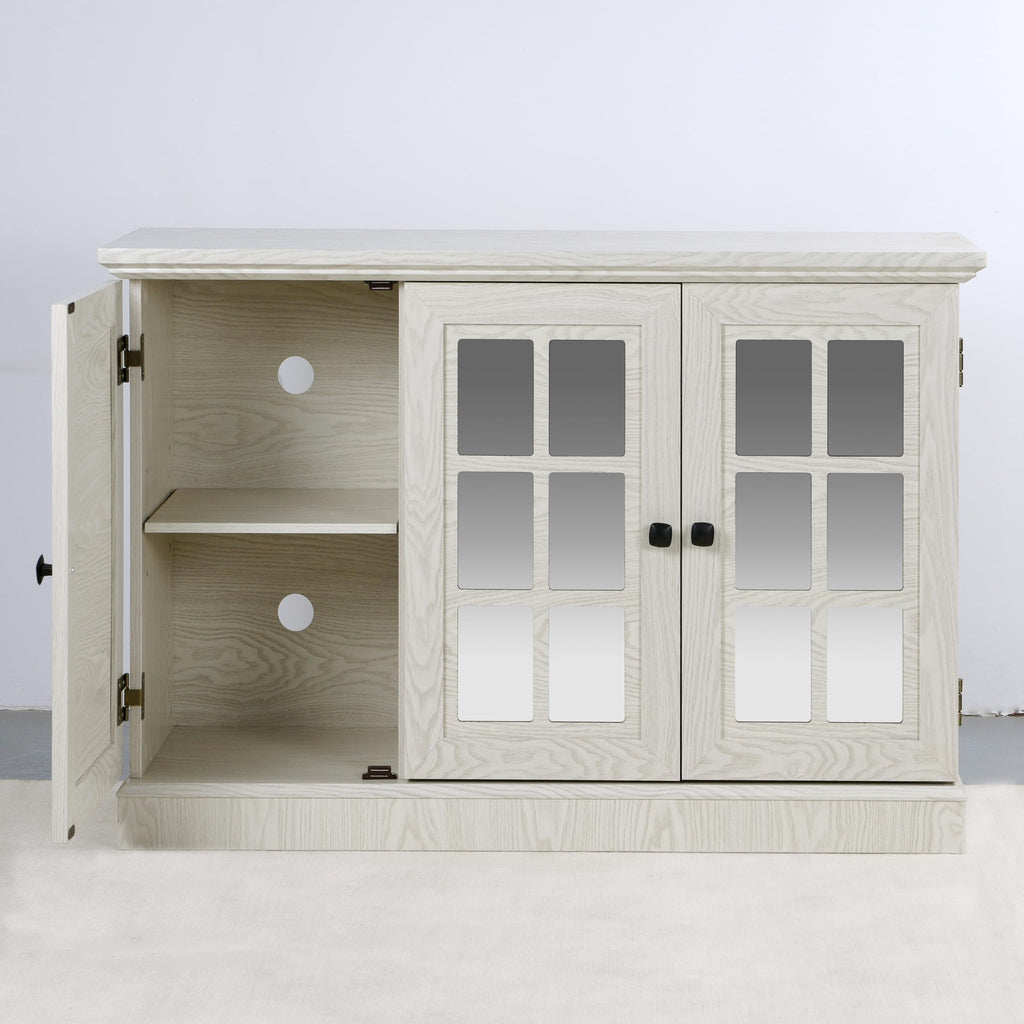 GDFStudio 45" Modern Buffet Sideboard Cabinet, Storage Cabinet with 3 Acrylic Mirrored Doors & Adjustable Shelves, Freestanding Credenza Buffet for Dining Room, Accent Cabinet Coffee Bar, White