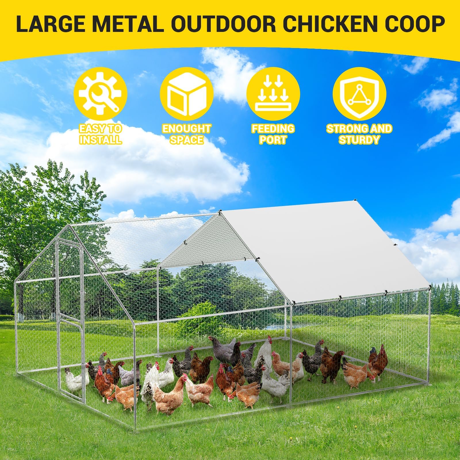 Large Metal Chicken Coop Run,Outdoor Walk-in Cage Peak Hen House with Waterproof and Anti-Uv Cover,Spire Roof Hen House with Security Lock for Outdoor and Backyard,Farm 9.8 x 13.1 x 6.6 ft