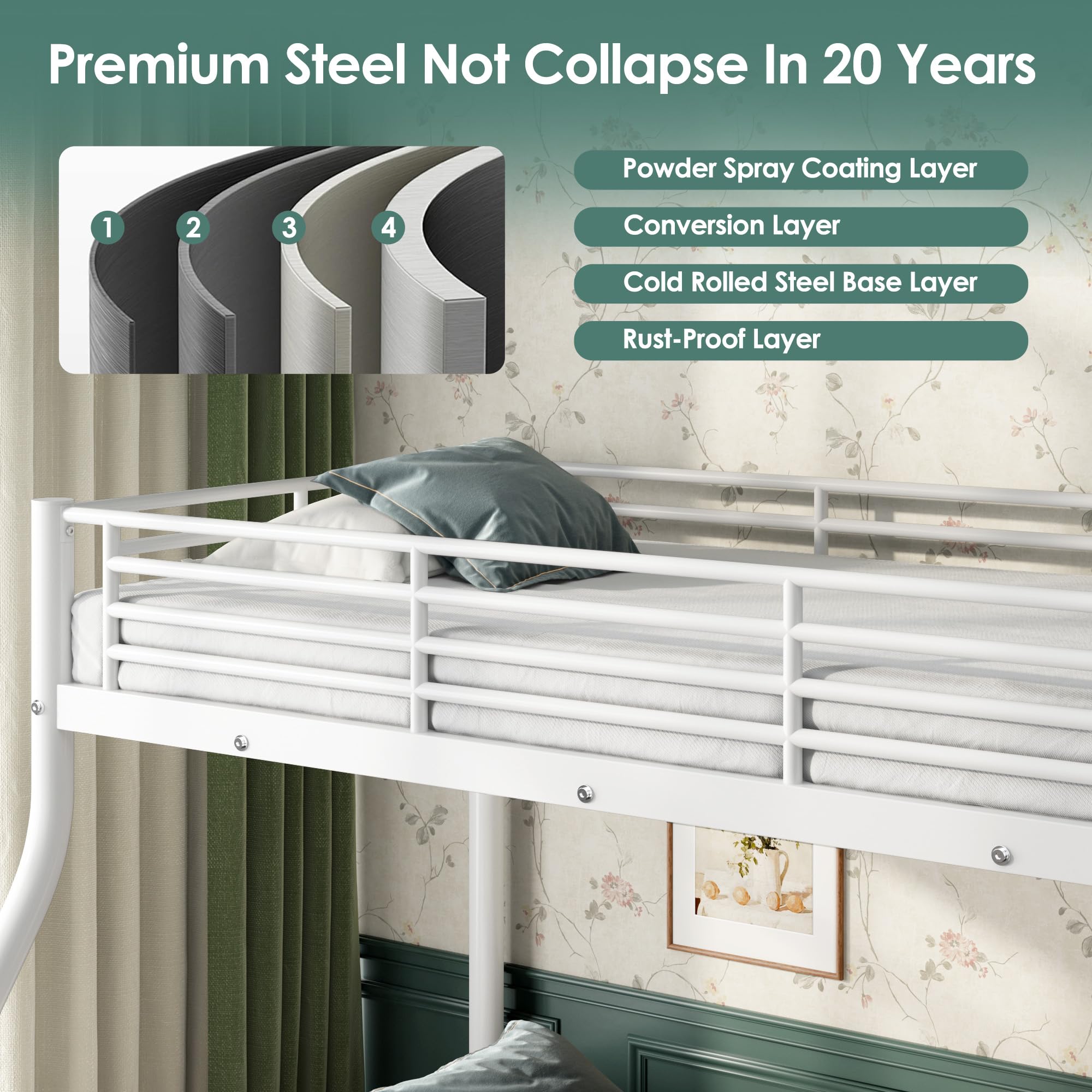 Cyranture Bunk Beds Twin XL Over Queen, Heavy Duty Bunk Beds with Bottom Space & Guardrail Metal Bunk Bed Frame for Adults Teens Dorm Bedroom Guest Room, No Box Spring Needed（White）