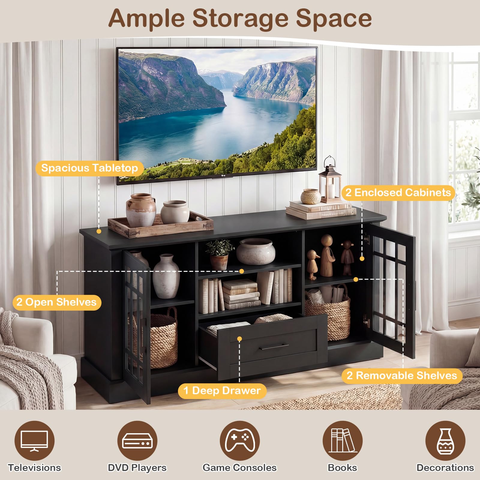Tangkula Farmhouse TV Stand for TV up to 65 70 Inches, Tall Media Console Table with 2 Glass Storage Cabinets, 1 Drawer & 2 Open Shelves, Wooden Entertainment Center for Living Room (Black)