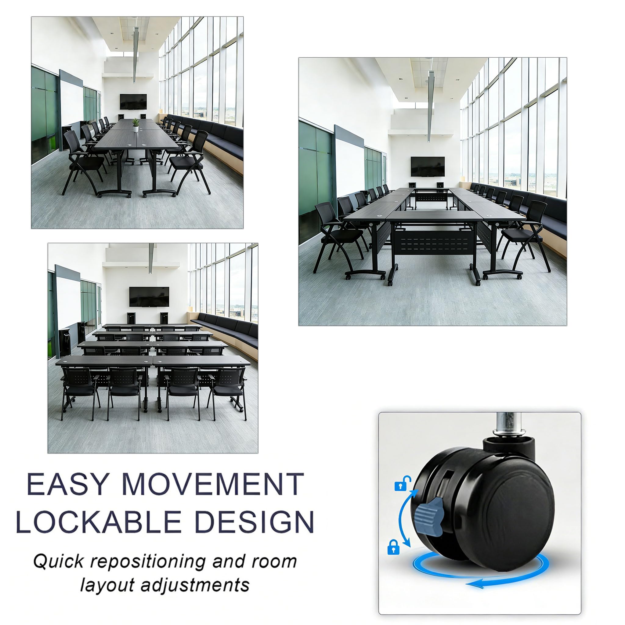 Modern Conference Table, Folding Conference Table with Wheels, Flip Top Mobile Meeting Table for 2-30 Person, Modular Seminar Training Room Table for Meeting Conference Room (4, Dark Grey, 70.8")