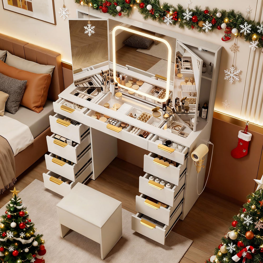 Pamapic Glass Top Makeup Vanity Desk with Foldable Mirror and Lights, 11 Drawers Vanity with Chair and Power Outlet, 3 Lighting Modes Makeup Table, Golden Handles, White