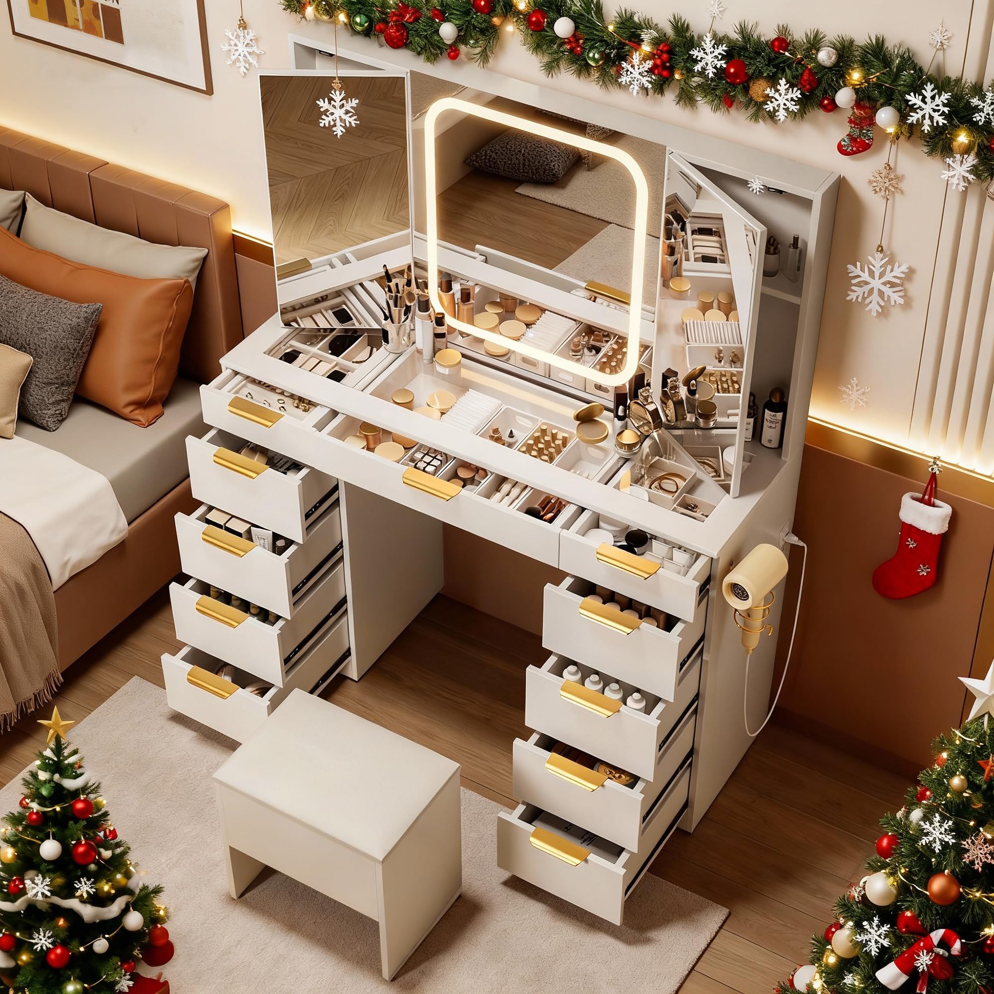 Pamapic Glass Top Makeup Vanity Desk with Foldable Mirror and Lights, 11 Drawers Vanity with Chair and Power Outlet, 3 Lighting Modes Makeup Table, Golden Handles, White