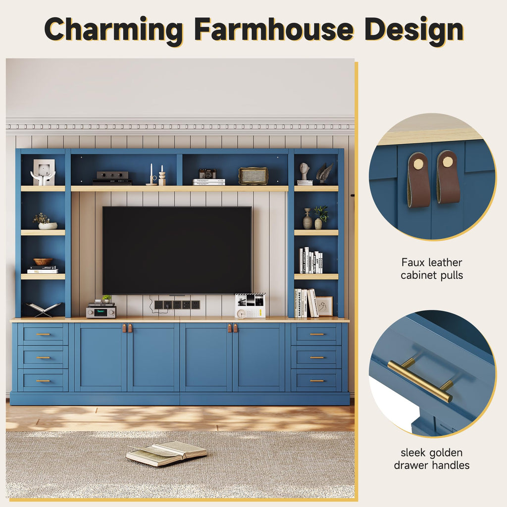Merax 102.3 Inch Wide Farmhouse Entertainment Center, Rustic TV Stand with 6 Drawers & Adjustable Shelves, Large Media Console for TVs up to 75", Modern Bookshelves Wall Unit, Blue