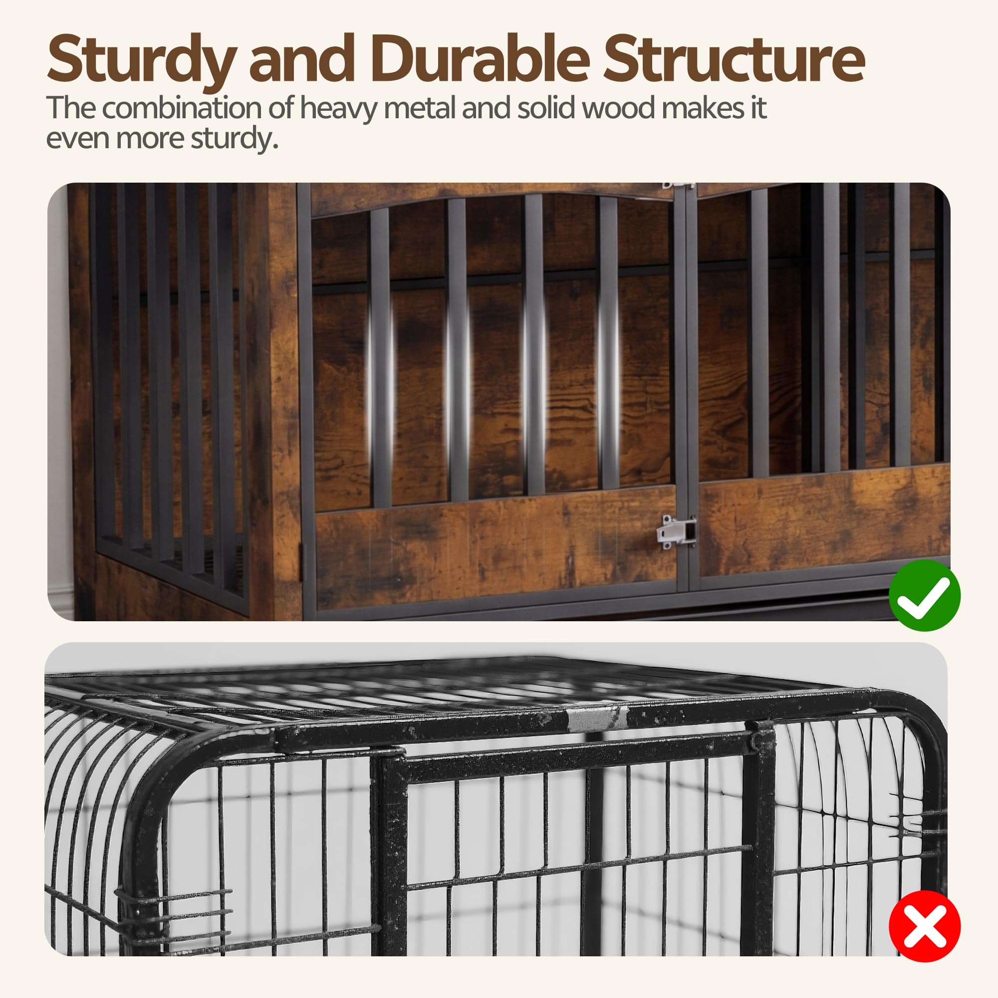 Homiflex 72" Double Dog Crate Furniture, Dog Crates for 2 Medium Large Dogs, Dog Cage TV Stand Side Table Wooden Indoor Dog Kennel with Removable Divider & Pull-Out Tray, Rustic Brown
