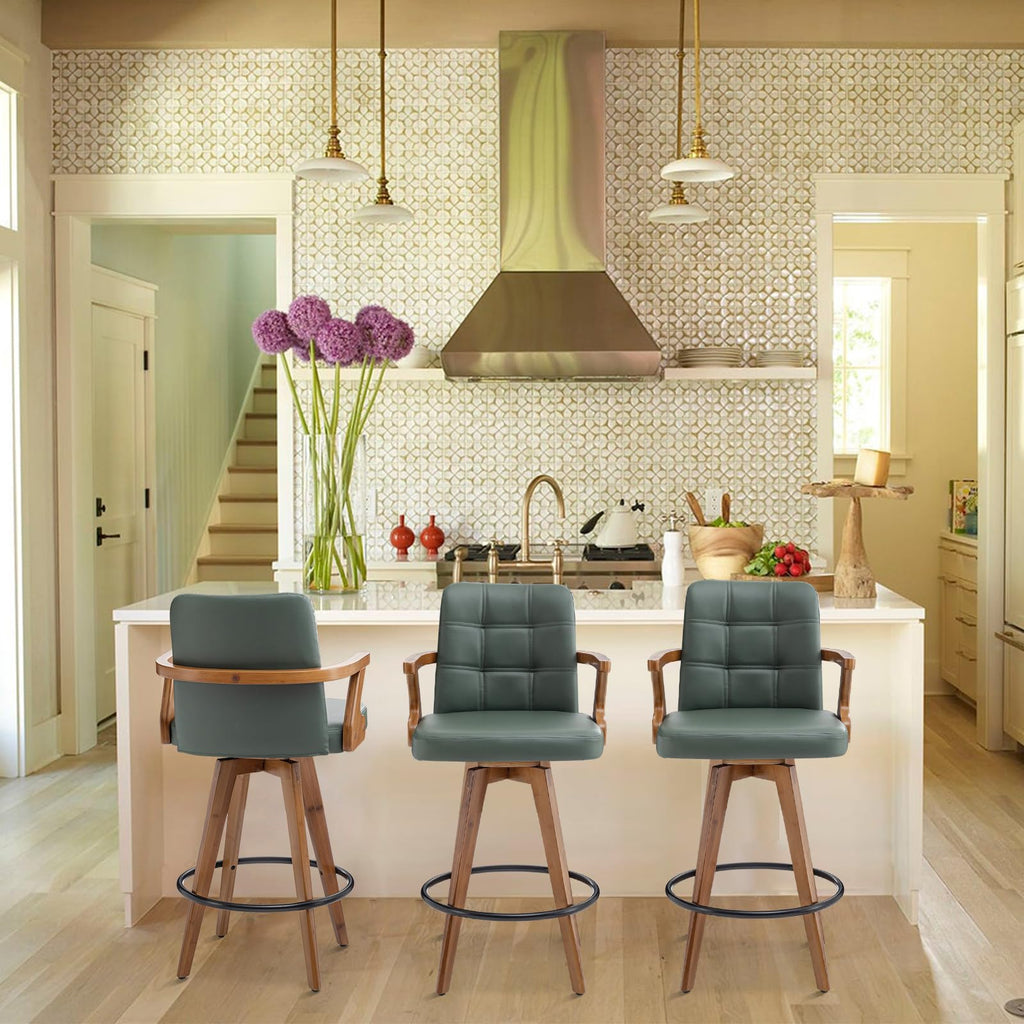 MEKLIBA 30” Bar Height Bar Stools,Leather Upholstered Bar Chair, Swivel Bar Stools with Back and Arms，Modern Barstool Set of 2 for Kitchen Island (Green)