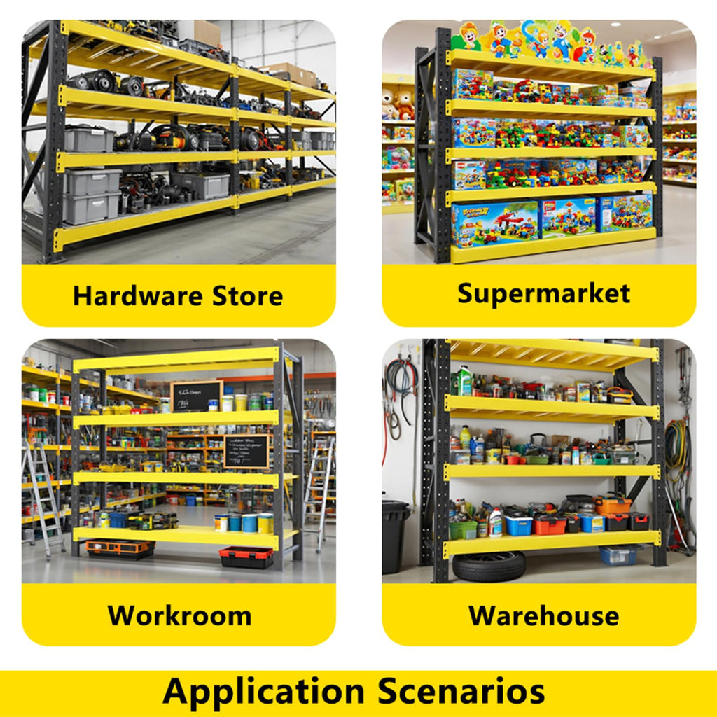 Heavy Duty Garage Shelving 4-Tier, 78.7" W Industrial Metal Adjustable Storage Rack for Garage, Warehouse & Basement, Yellow & Black,W78.74*D23.62*H78.74