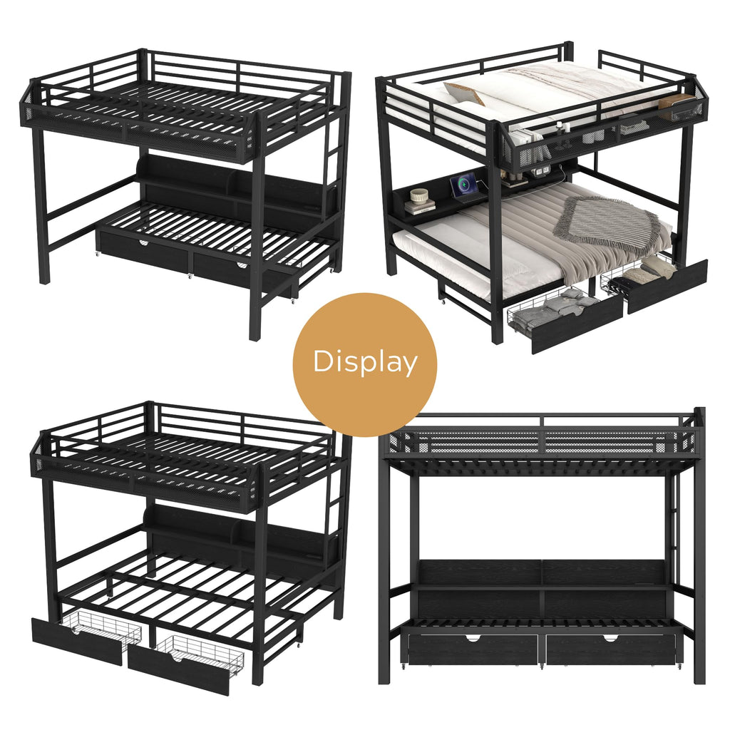 Queen over Queen Bunk Bed with Storage Drawers and Shelves, Metal Bunk Beds with Lights and USB Ports, Convertible Lower Bunkbed Queen for Guests, Bedroom, Dorms, Multi-function and Noise-free, Black