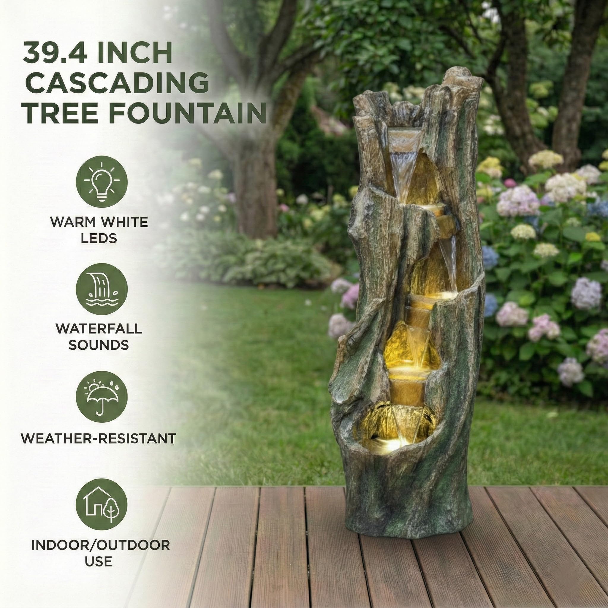 mdj pottery 39.4 Inch Tall Cascading Water Fountain Outdoor, 5-Tiered Resin Outdoor Fountain with Warm White LED Lights, Rustic Weather-Resistant Tree Trunk Waterfall for Patio Yard Garden - Grey
