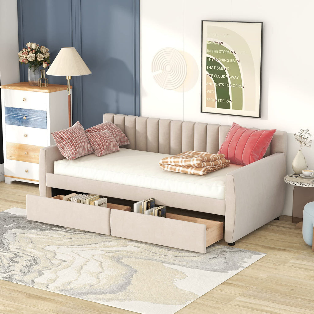 YOPTO Velvet Upholstered Twin Daybed with Two Storage Drawers, Solid Wooden Sofa Bed Frame w/Vertical Stripes Designed Backrest and Pine Legs, Space-Saving Design