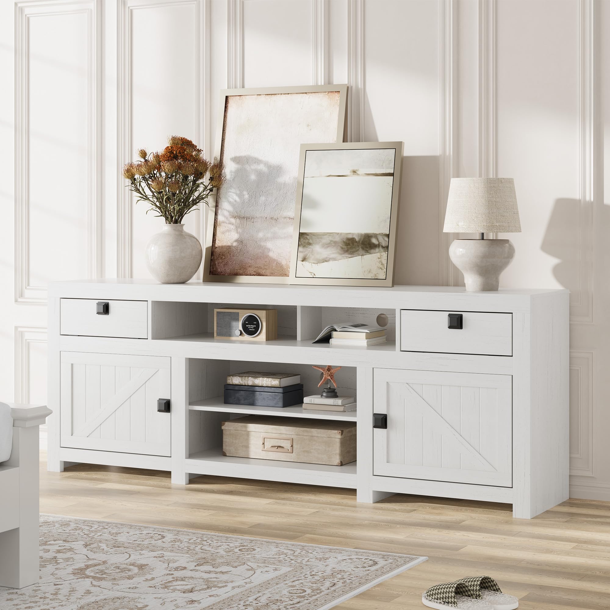 Farmhouse TV Stand for 75/80 Inch TVs, Long Entertainment Center with 4 Storage Drawers & 3 Open Shelf, White Television Consoles Stands for Living Room, Bedroom