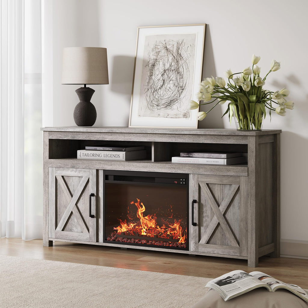 BELLEZE 58" Farmhouse Fireplace TV Stand for TVs up to 65", 23" Electric Fireplace Heater with Sound, Entertainment Center Media Console Table Barn Door Storage Cabinets for Living Room -Gray