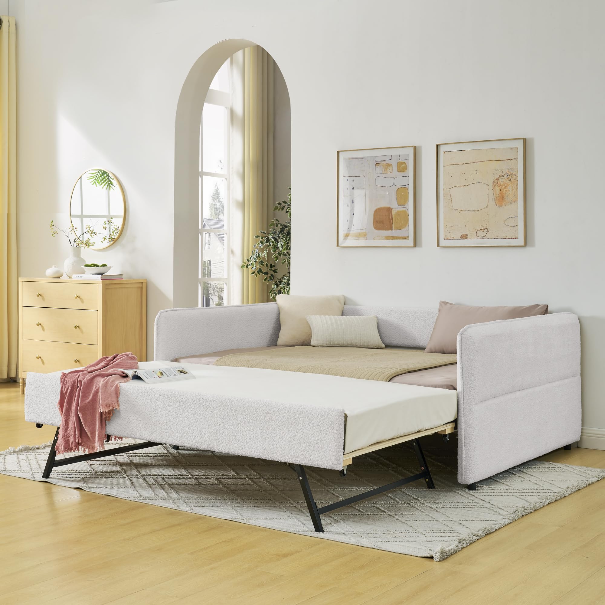KEIKI Full Size Upholstery Tufted Daybed with Erectable Trundle, Full to King Design Modern Extendable Boucle Sofa Bed, Easy Assembly, No Box Spring Required, for Living Room and Bedroom, Beige