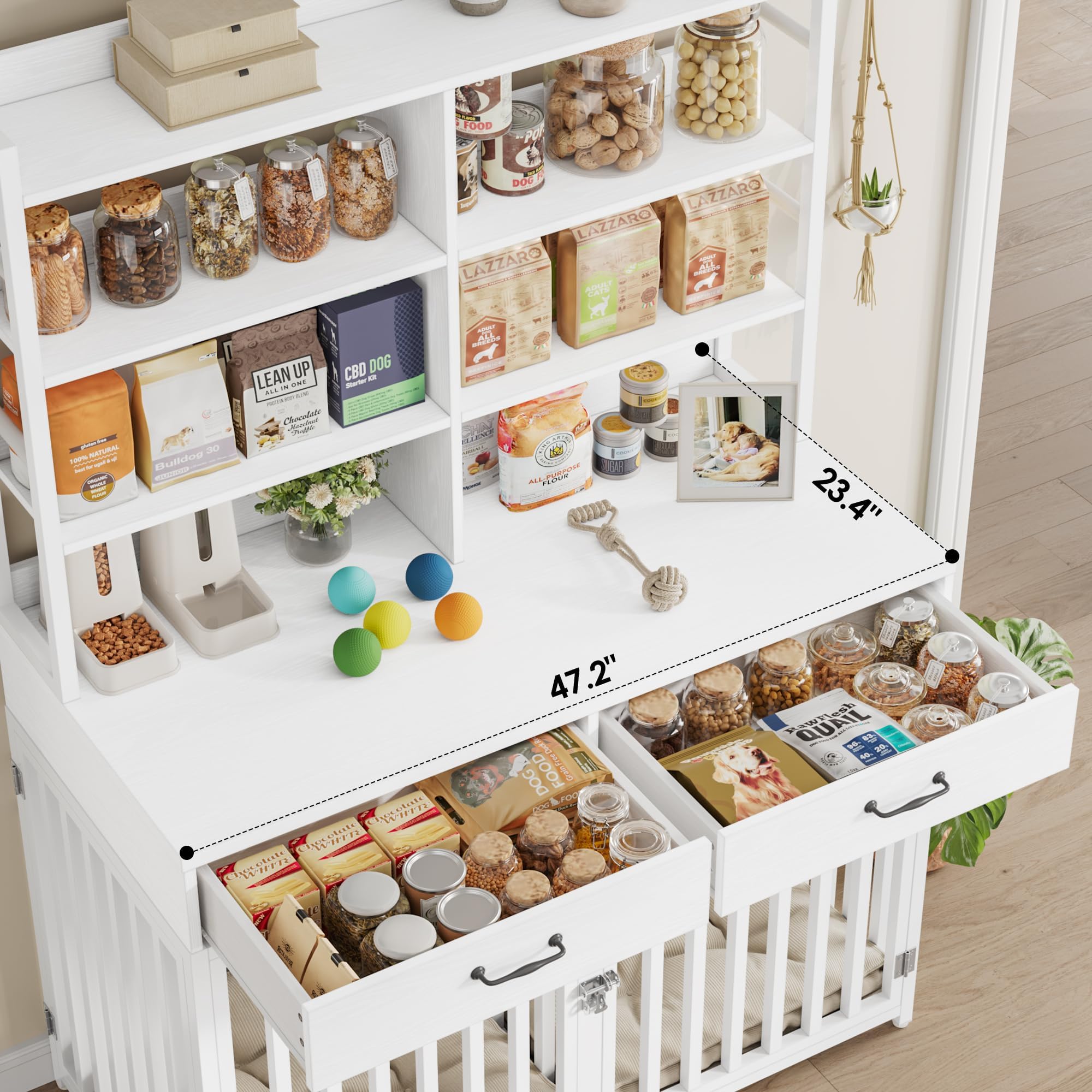 Keyluv 71''H x 47.2''W Large Dog Crate Furniture with 4-Tier Shelves and 2 Storage Drawers, Heavy Duty Dog Cage Furniture with 2 Doors, Wood & Metal Dog Kennel Indoor for Small/Medium/Large Dog, White
