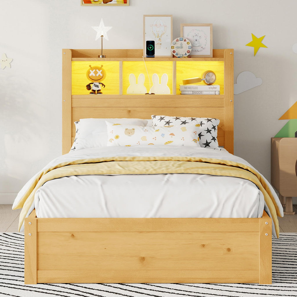 KEIKI Twin Size Wood Platform Bed Frame with Storage Headboard & Pull Out Storage Cabinet & 2 Drawers, Modern Bed with Solid Slats & Socket, No Box Spring Required, Easy Assembly, for Bedroom, Natural