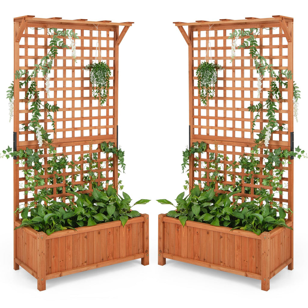 HAPPYGRILL Raised Garden Bed with Trellis, 72.5" Planter Raised Bed with Drainage Holes, Freestanding Garden Box for Vine Climbing Plants, Wooden Planter Box for Yard Balcony (2, Orange)