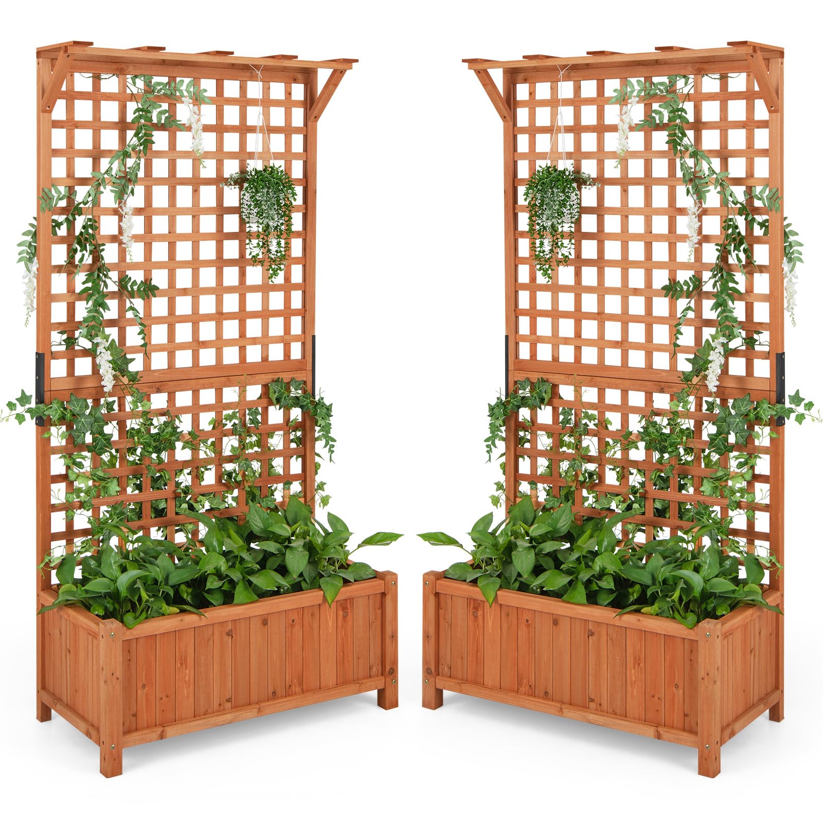 HAPPYGRILL Raised Garden Bed with Trellis, 72.5" Planter Raised Bed with Drainage Holes, Freestanding Garden Box for Vine Climbing Plants, Wooden Planter Box for Yard Balcony (2, Orange)