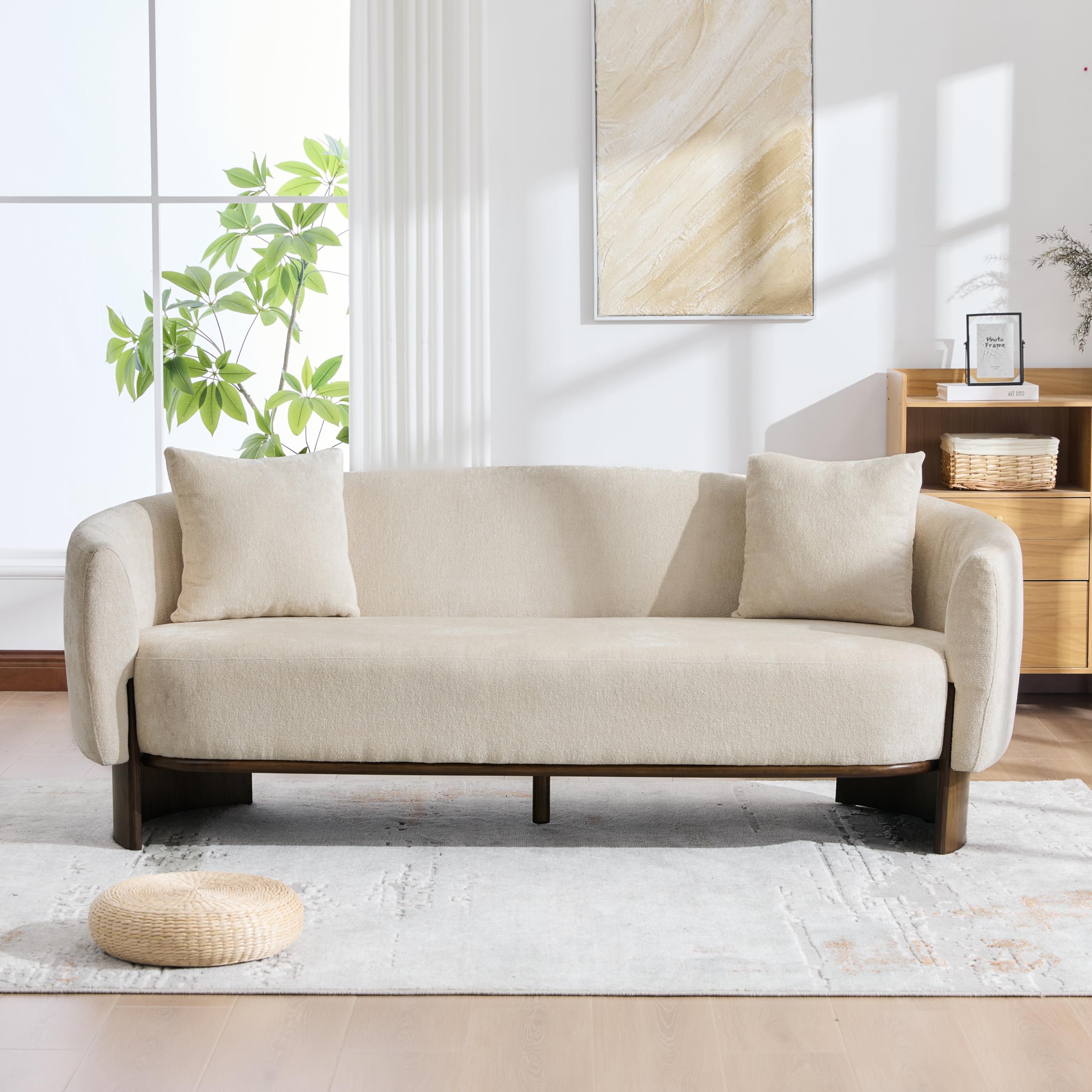 Christopher Knight Home 81 inch Curved Boucle Sofa with Wooden Base Indoor Couch Upholstered Modern Living Room Sofa Comfortable Wood Frame Seating for Home Lounge, Beige